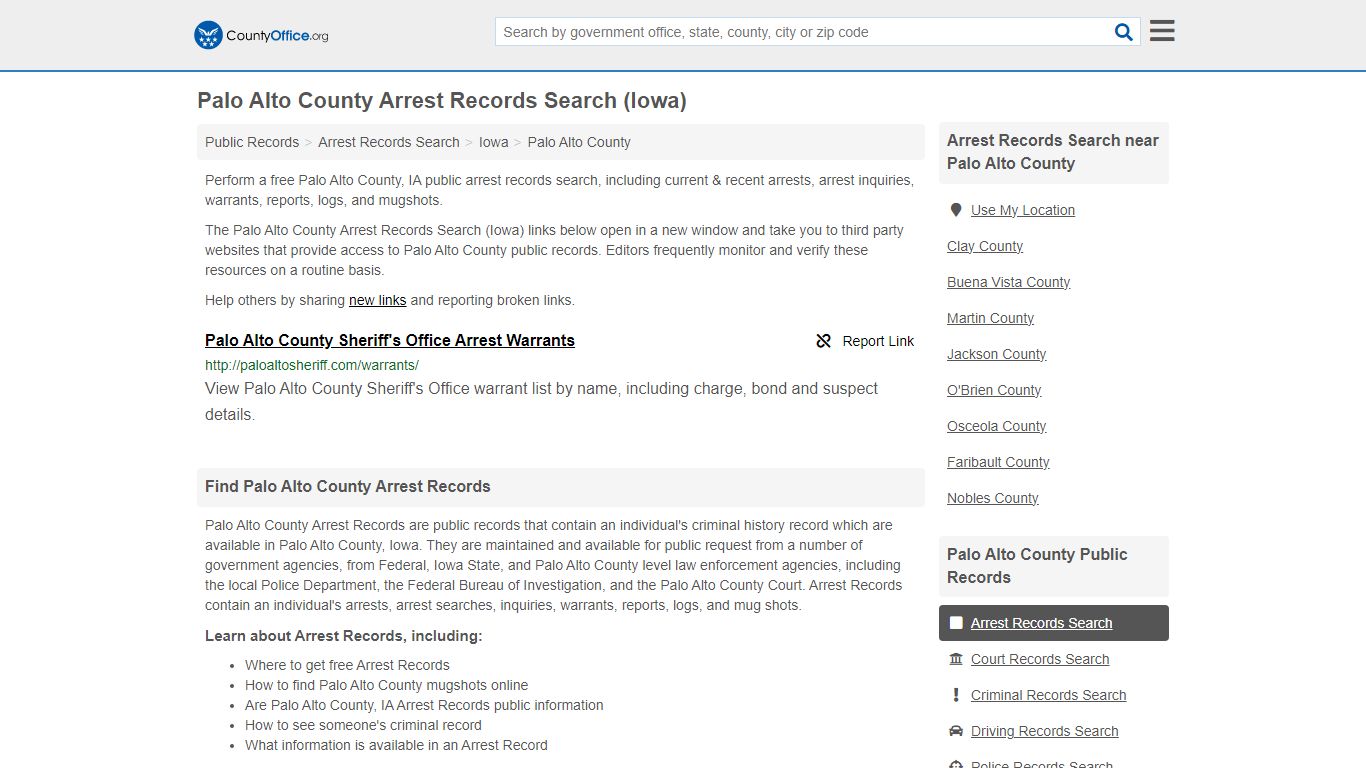 Palo Alto County Arrest Records Search (Iowa) - County Office